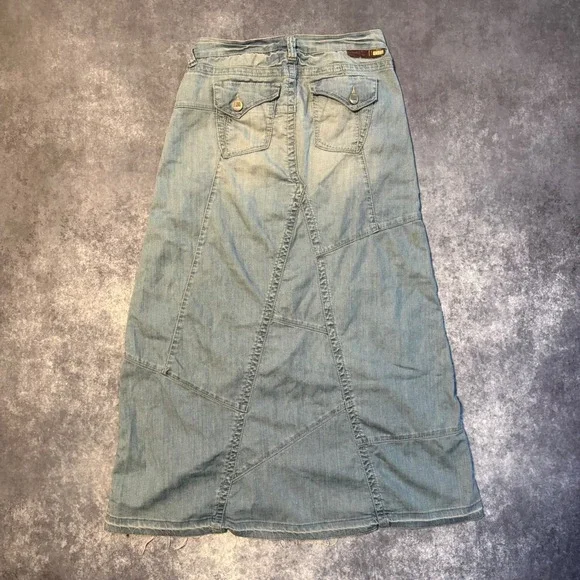 Y2K YNQ Women Blue Denim Maxi Skirt Size 3 Distressed Patchwork Boho Long Skirt - Picture 2 of 7